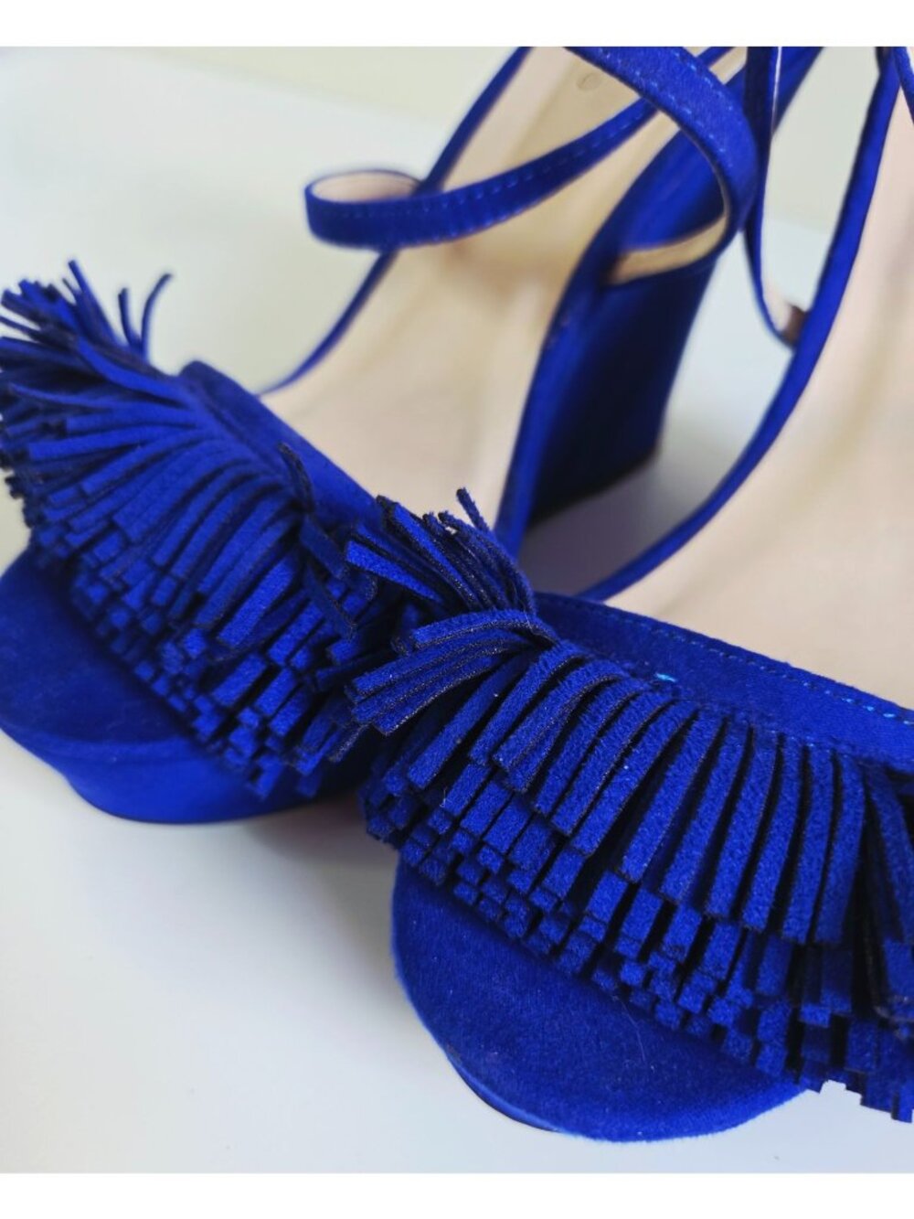 Cobalt Blue Wedge Heels Suede Like Strappy Sandals With Fringe Detail Size 6